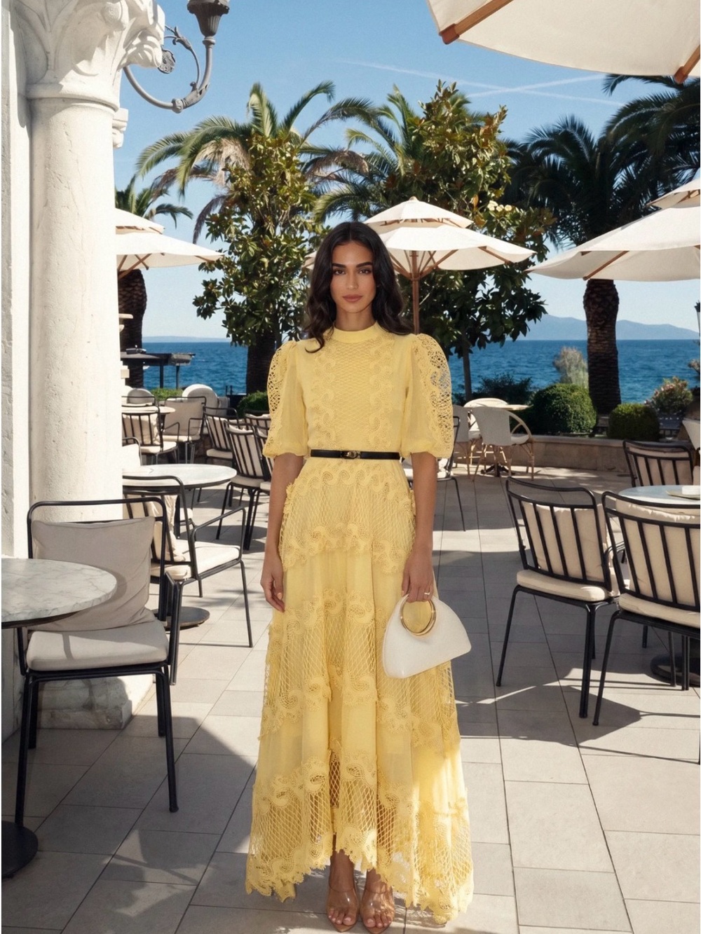 Lace Puff-Sleeve Maxi Dress in Yellow
